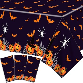 Adirasenotek 3 Pcs Halloween Tablecloth Disposable Plastic Table Cloth Cute Pumpkin Ghost Scary Spooky Haunted House Indoor Outdoor Birthday Party Supplies Halloween Table Decorations