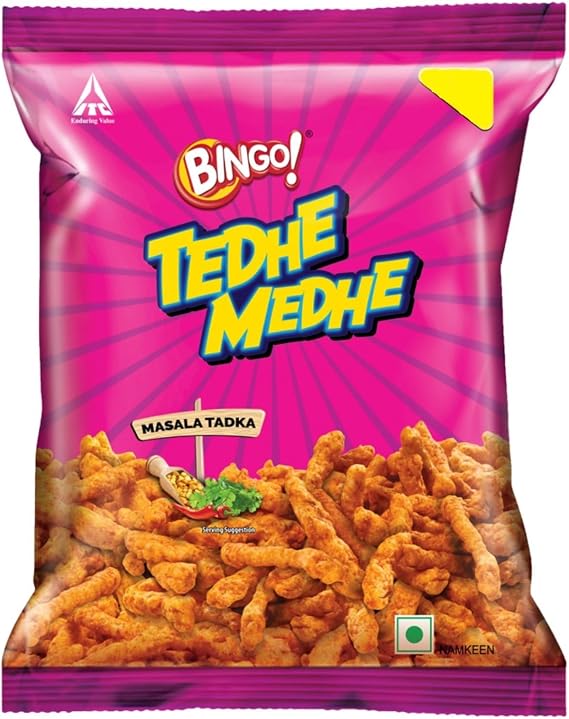 Bingo Tedhe Medhe Masala Tadka, 90g, Spindle Shaped Crunchy Snack with Indian Masala Flavour Perfect for Snacking