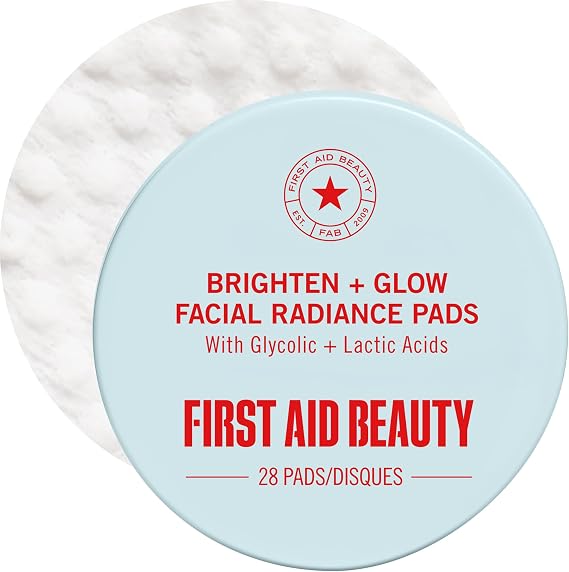 First Aid Beauty - Facial Radiance Pads with Glycolic & Lactic Acids, Daily Exfoliating Pads with AHA, Visibly Smaller Pores, Help Tone & Brighten Skin, One-Step Makeup Prep, Compostable, 28