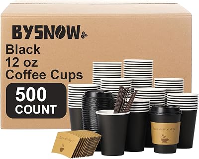 500 pack 12 oz Disposable Coffee Cups with Lids,To Go Coffee Cups for Home, Office, Cafes and Party Black 12oz