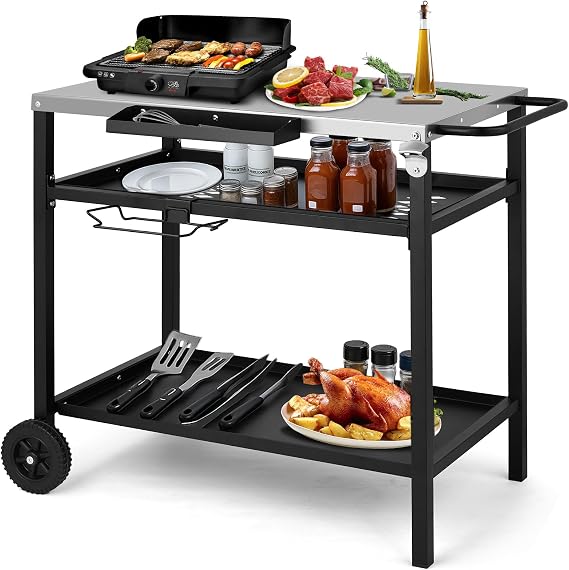 Outdoor Grill Dining Cart, BBQ Pizza Oven Trolley with Stainless Steel Worktop, Side Tray & Garbage Bag Rack, Portable Food Prep Table Outdoor Barbecue Cart for Kitchen Garden Patio Cooking