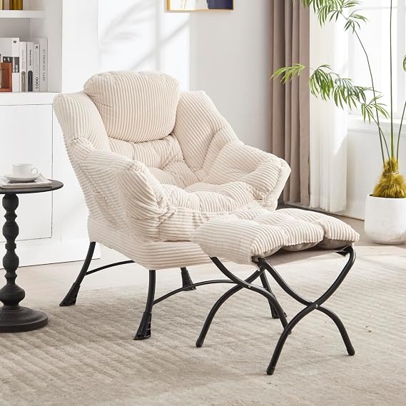 Lazy Chair with Ottoman, Modern Lounge Accent Chair with Armrests and a Side Pocket, Leisure Upholstered Sofa Chair, Reading Chair with Footrest for Small Space (White)
