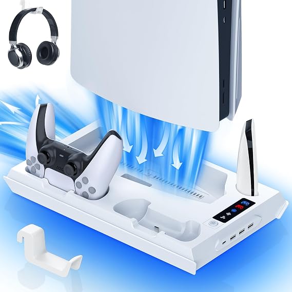 Cooling Station for PS5 with Dual Controller Charging Station, Stand for PS5 Slim Console, Headset Holder, 4 USB Hub & USB-C Port - All-in-One Accessories Organizer, White