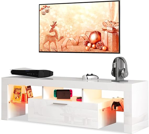 Modern LED 51 inch TV Stand with Storage for 32 40 50 55 Inch TVs, White TV Console with High Gloss Entertainment Center and Open Shelves for Living Room, Bedroom