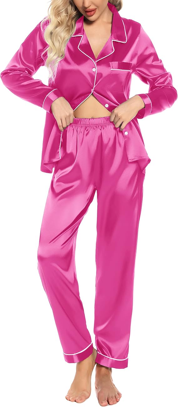 Samring Satin Pajama Set for Women Silk Long Sleeve Button Down Pjs Sets