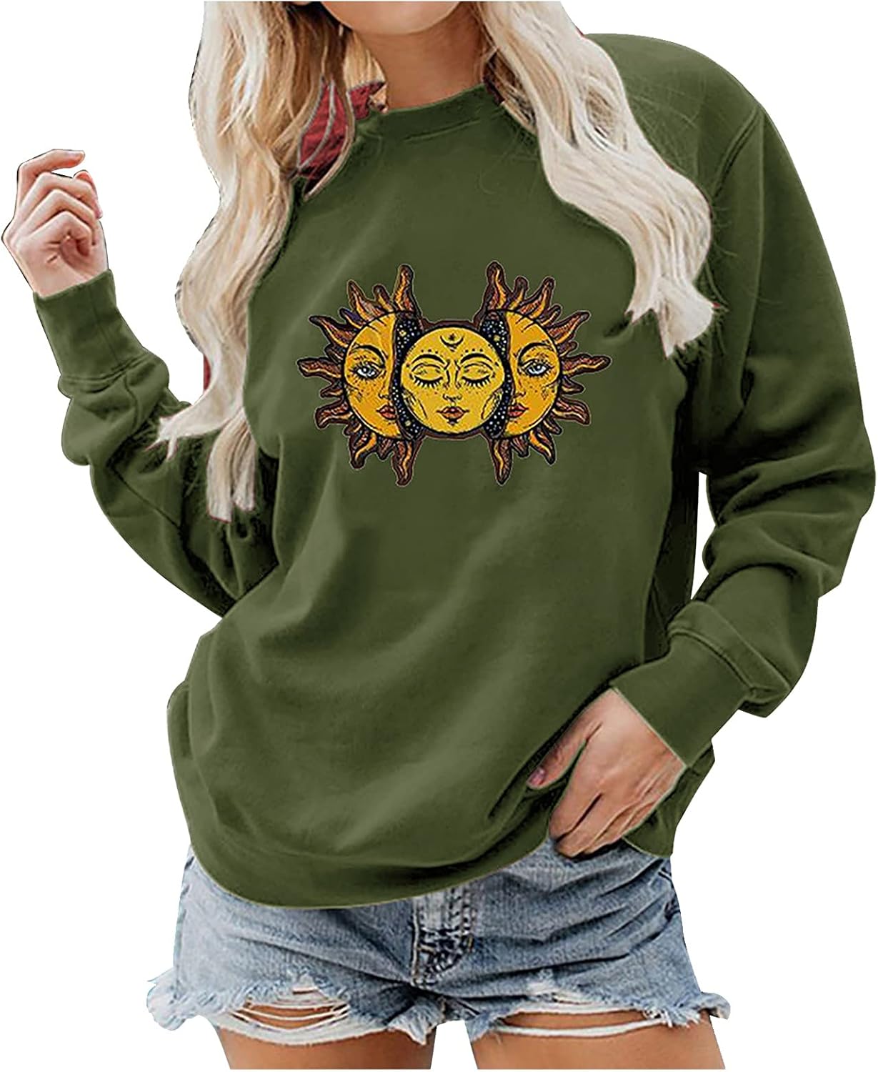 Hoodies For Womenpolyester Cotton Blend Loose Long Sleeve Fleeces Women'S Casual Fashion Sun Print Pullover Sweatshirt
