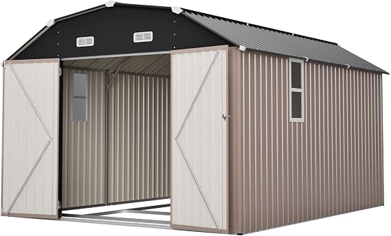 10' x 12' Brown Metal Storage Shed with Floor Frame Heavy Duty Galvanized Steel Tool Shed with Windows, Vents & Sloped Roof