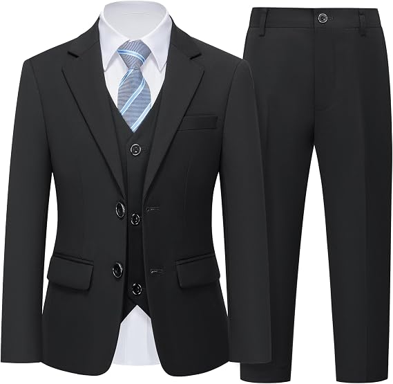 YND Boys 5 Piece Slim Fit Suit Set, Solid Formal Dresswear of Jacket Vest Pants Shirt and Tie