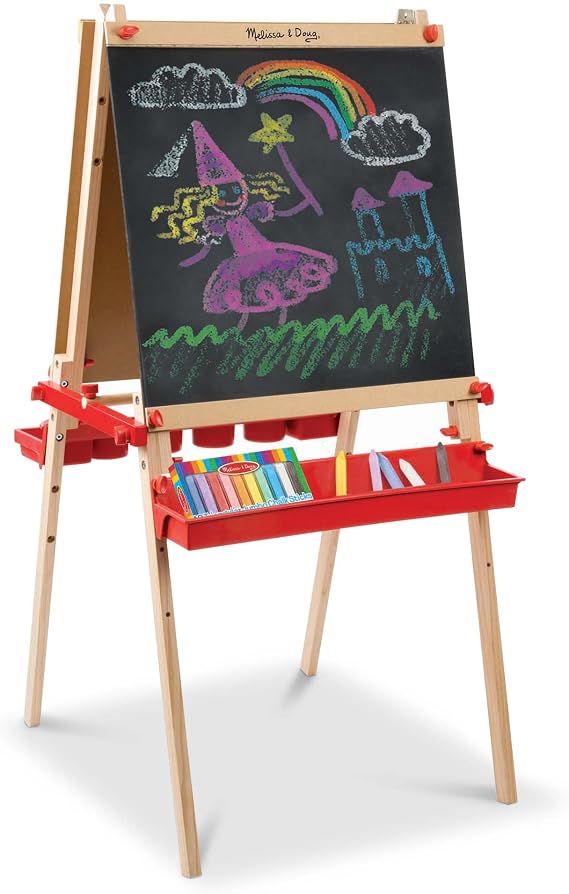 Melissa & Doug Deluxe Magnetic Standing Art Easel with Chalkboard, Dry-Erase Board, and 39 Letter and Number Magnets - FSC Certified