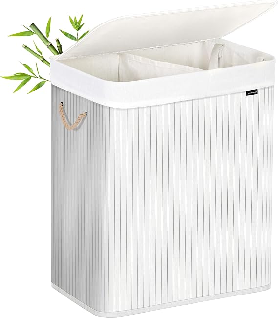 SONGMICS laundry basket made of bamboo, 2 compartment laundry box, laundry separator with lid and removable laundry bag, cotton handles, 100 L laundry box, white LCB64WT