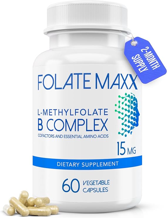 L Methylfolate 15mg with Active Vitamin B Complex 60 Capsules High Potency 5-MTHF with B6 Blend and Methyl B12 Supplement 3-in-1, Non-GMO, Gluten Free (2-Month Supply)