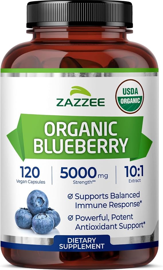 Zazzee USDA Organic Blueberry 10:1 Extract, 120 Capsules, 4 Month Supply | Vegan, Whole Fruit, Vaccinium Angustifolium, Antioxidant & Cellular Health Support, Herbal Supplement, Non-GMO, Made in USA