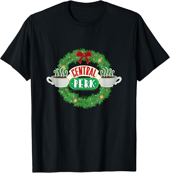 Friends Christmas at Central Perk Wreath TV Show T-Shirt, Men, Black, 3X-Large