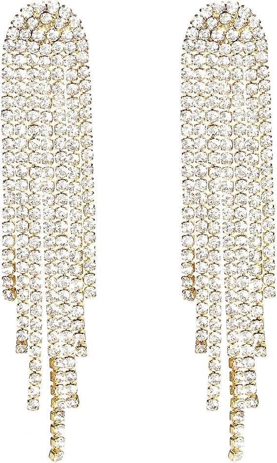 Dangle Tassel Earrings for Women, Bohemian Crystal Long Tassel Earrings Bling Drop Earrings Party Wedding Chain Earrings Jewelry Gift for Ladies Wife Mother Girls