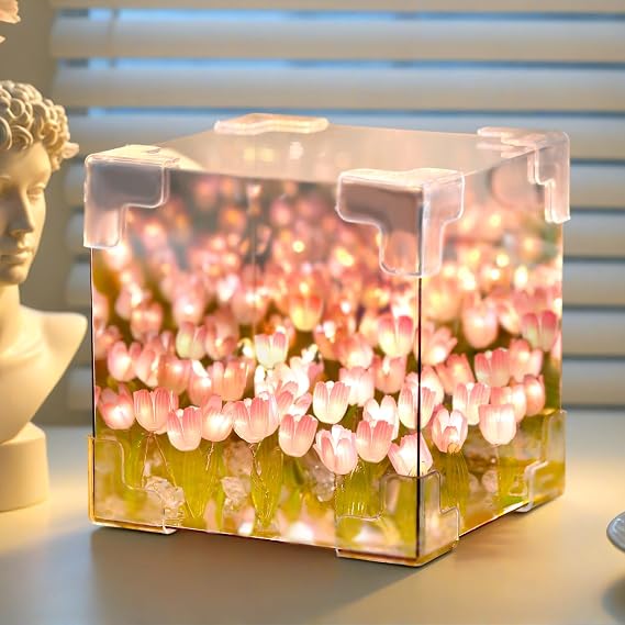 Drawelry DIY Tulip Cube Mirror Lamp, 21 Flower DIY Tulip Mirror Night Light Handmade Tulip Night Light for Bedroom, Gifts for Teen Girls, Gifts for Mom (Pink) [Energy Class A+]