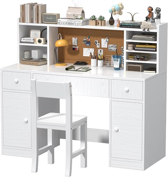48x20Inch Wooden Lvory White Kids Study Desk and Chair Set, 3 Drawers and 4 Storage Cabinets, Children Desk with Hutch and Shelves, Girls Study Desk for Kids Bedroom-003C