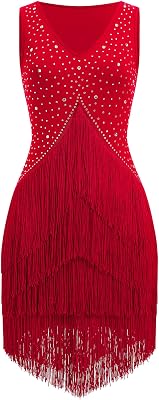 IWEMEK Rhinestones Fringe Tassel Latin Dance Dress for Women Competition Ballroom Dance Costumes Tango Salsa Flapper Dresses