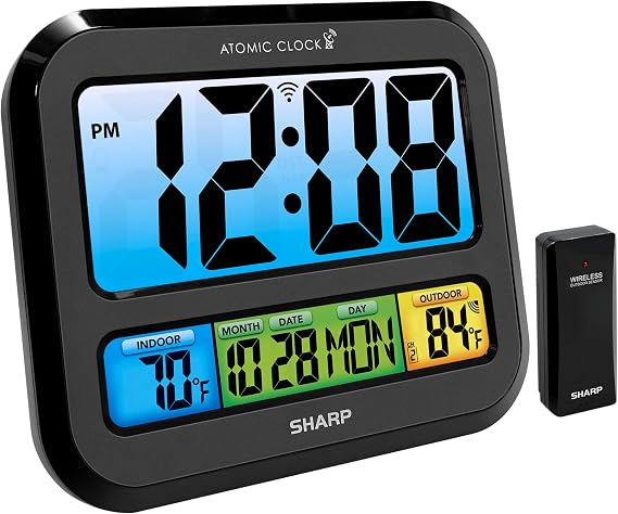 Sharp Atomic Digital Clock, 3" Color Display, Indoor/Outdoor Temp Sensor
