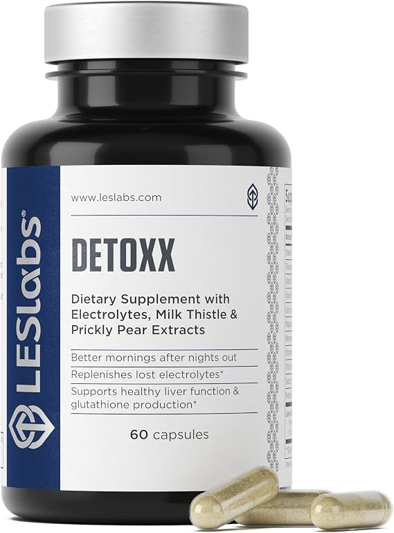 LES Labs DeToxx Better Mornings & Recovery, Liver Support, Electrolyte Replenishment & Glutathione Support Prickly Pear, Milk Thistle & NAC Non-GMO Supplement 60 Capsules