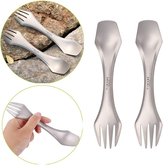 2 pcs Titanium spork Eco-friendly Durable Rustproof Titanium flatware Light weight spoon/Knife/Fork 3 in 1 Cutlery/Utensil for outdoor camping travel hiking One pair Lot of 2 each