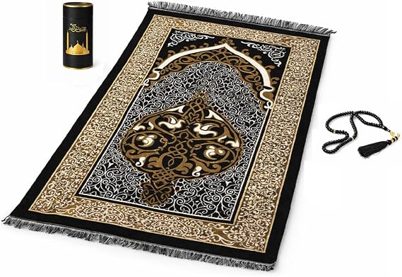 BML Islamic Prayer Mat with Tasbih Beads Gift Set Islamic Janamaz Prayer Rug for Salah Namaz, Ramadan & Eid (Black)