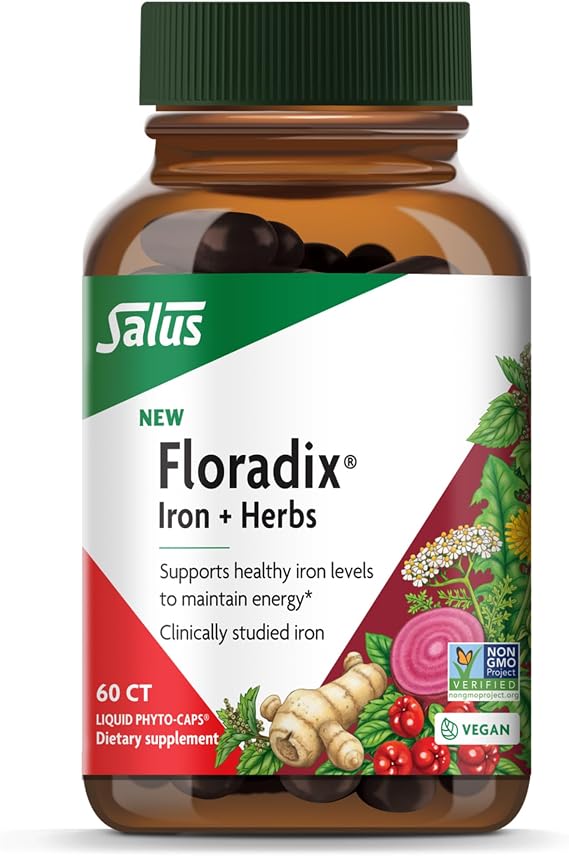 Floradix Iron + Herbs Supplement, Vegan, Non-GMO, 60 Vegan Capsules