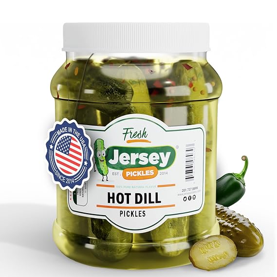 Jersey Pickles - Hot Dill (Half Gallon) - Fresh, Keto-Friendly, and Perfect for Snacks, Sandwiches, or Salads The perfect Pickle Jars Cornichon for Families or Gatherings