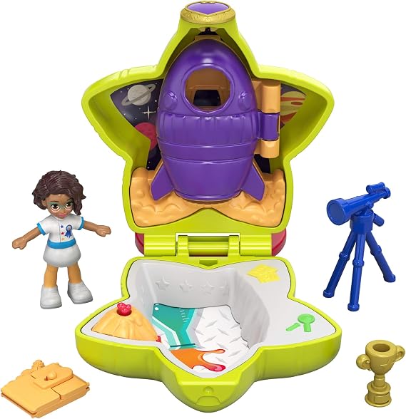 Polly Pocket Tiny Pocket Places Rockin Science Compact with Science-Themed Location, Micro Shani Doll, Surprise Reveals, Rocket, Volcano, Telescope, Clip-on Ring & More, Ages 4 and Older