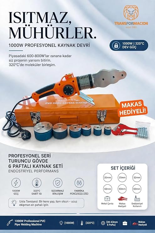 Transformacion PVC Boru Kaynak Makinesi - 6 Paftalı 320°C 1000W Profesyonel Metal Çantalı Set BORU KESME MAKASI HEDİYELİ 722973