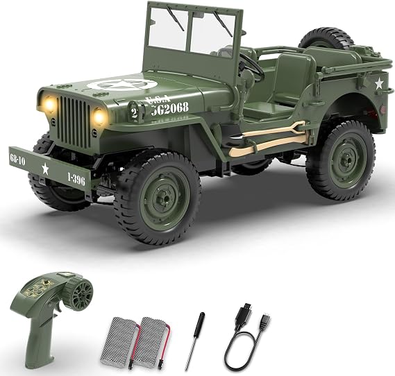 RACENT 1/10 Scale Remote Control Car, 2.4Ghz 4WD Off Road RC Truck Vehicle with Linked Lights, Alloy Frame Chassis, Army Vehicle with Opening Hood and Folding Windshield, Indoor Outdoor 2 Batteries