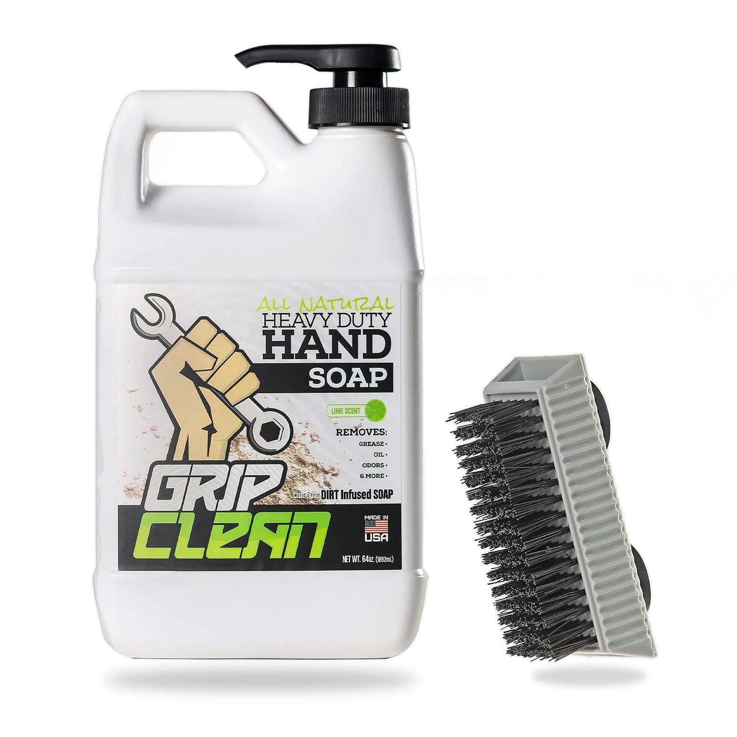 Grip Clean | Hand Cleaner for Auto Mechanics - Heavy Duty Pumice Soap, All Natural &amp; Dirt Infused w Stiff Bristle Fingernail Scrub Brush For Men &amp; Mechanics