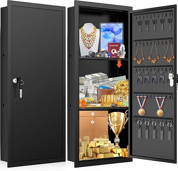 31.5" Tall Wall Safes Between the Studs with 2 Removable Shelf, Lockable Hidden Safe Box with 50 Hooks for Keys Jewellery, in Wall Safe for Money Medicines Valuables
