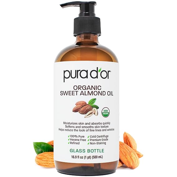 PURA D'OR ORGANIC Sweet Almond Oil (GLASS BOTTLE) Pure Cold-Pressed, 16.9oz