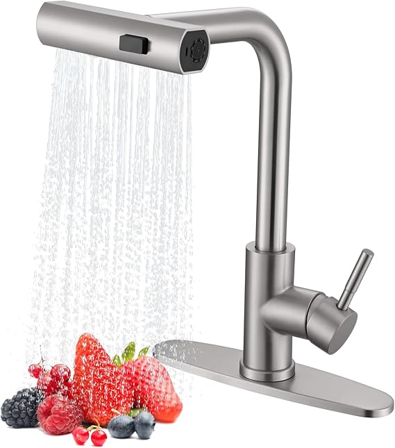 Waterfall Kitchen Faucet with Pull Down Sprayer, ARTIQUA Brushed Nickel Single Handle Kitchen Sink Faucet with Deck Plate Fits 1 or 3 Hole, for Bar RV Laundry Farmhouse Outdoor and Camper