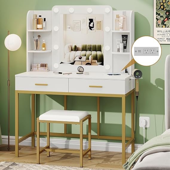 Vanity Desk with Mirror and Lights, Makeup Vanity Table Set with 2 Drawers & Chair, 3 Lighting Modes & Adjustable Brightness Dressing Table with Power Outlet for Bedroom Dressing Room, White and Gold