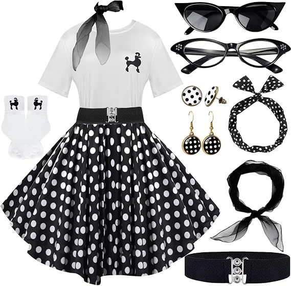 1950s Poodle Skirt Outfit Women 50s Sock Hop Costume T Shirt Accessories | 50s vintage set with T-shirt, poodle skirt and polka dot accessories for retro birthday, sock hop party and halloween