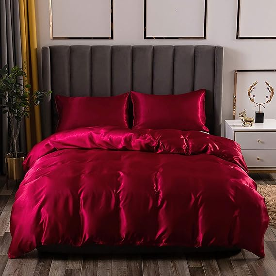 Silk Satin Comforter| Box Stitched | 300 GSM | Down Alternative Comforter | Luxurious Hotel Quality Quilt | Machine Washable | Ultra Soft Fluffy Bedding -(Full/Queen Burgundy)
