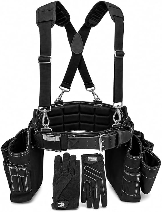 Gatorback Professional Carpenter Tool Belt Deluxe Package Padded Tool Belt with Suspenders, Drill Holster & Work Gloves, Built for Comfort & Durability (Large, 3640 in.)