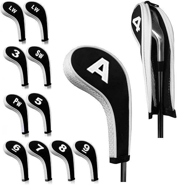 12 pieces Golf Head Covers, 3-9, Pw, Aw, Sw, Lw, Lw, Waterproof Zippered Golf Club Head Cover Protective Cover, Wedge Head Cover with Number Label Golf Accessory for Men Women