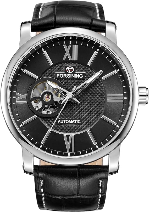 FORSINING Men's Automatic Mechanical Fashion Big Face Leather Strap Wrist Watch 3-Black