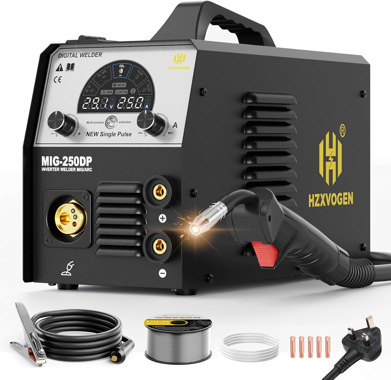 H HZXVOGEN 250A Aluminium Welding Machine, 240V 5 in 1 Professional Welder with GasFlux Core MIGARCLift TIGPulse, Synergic Control for Farm, DIY, IGBT Inverter Welder with LED Display, MIG250DP