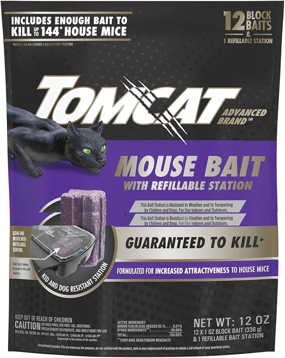 Tomcat Advanced Brand Mouse Bait with Refillable Station, Indoor and Outdoor Use, 1 Station and 12 Bait Block Refills