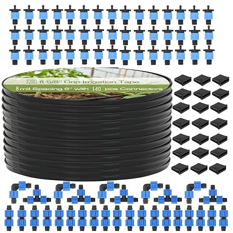 3280 ft 5/8" Drip Irrigation Tape Kit 8 mil Emitter Spacing 6" Flat Drip Tape with 140 PCS Drip Tape Connectors Automatic Irrigation Equipment for Garden Irrigation Emitter Flow:0.79 GPH