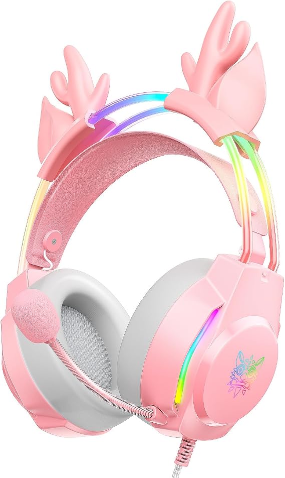 Gaming Headset with Microphone, Deer Ears Headphones for PC Laptop PS4 PS5 Xbox Switch, Rainbow RGB Lighting & Virtual Surround Sound, 3.5mm Over Ear Headphones, Ergonomic
