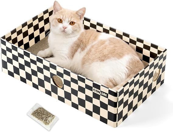 Conlun Cat Scratcher Box with Scratching Board, 1-Pack, Large, Chessboard