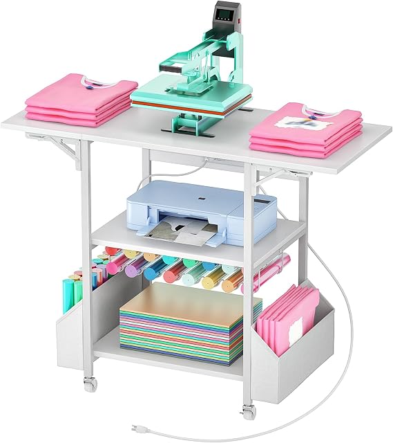 CHOEZON Foldable Heat Press Table with Charging Station, Movable Heat Transfer Stand with Vinyl Roll Holder and Storage Pockets, Mobile Workbench for DIY Sublimation Transfer, White TPS03UWB