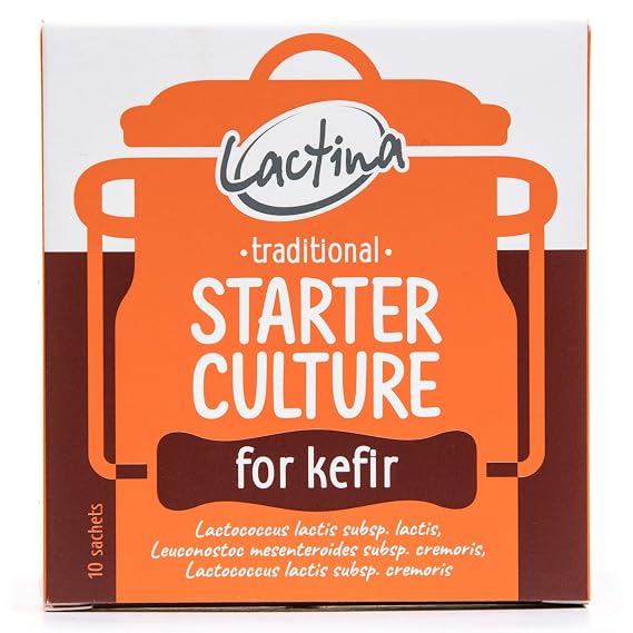 Lactina Kefir Starter Culture Powder 10 Sachets, Makes 10 Liters Probiotic Fermented Milk Drink, No Alcohol, Lactose Friendly, GMO-Free