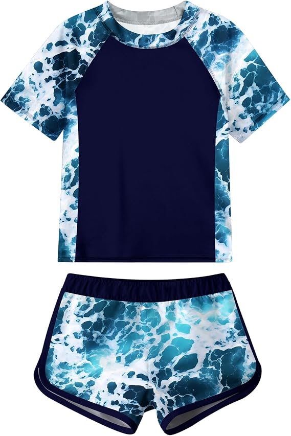 Idgreatim Girls Rashguard Swimsuit 2 Piece Short Sleeve Bathing Suit UPF 50+ Sun Proction Swimwear Size 8-16T