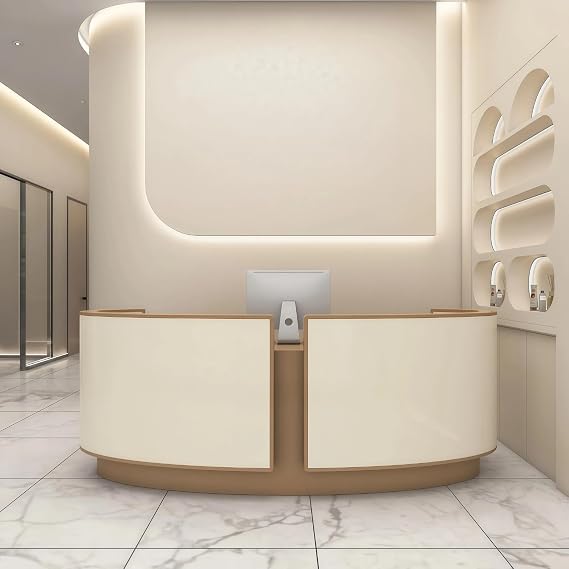 Arc Reception Desk, Retail Counter for Bar, Office, Beauty Salon, Dental Clinics, Fitness Centers with Hidden LED Lighting Lockable Drawers Customizable Logo