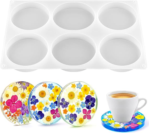 Round Coaster Resin Molds, Large 6 Cavity Silicone Mold for Resin, 4 Inches Coaster Molds for Epoxy Resins, Extra Deep Circle Silicone Mold for Cups Mats, DIY Crafts, Flower Bouquet Preservation